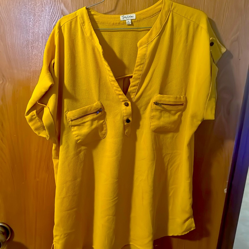 Mustard colored xl ladies blouse black embellishments